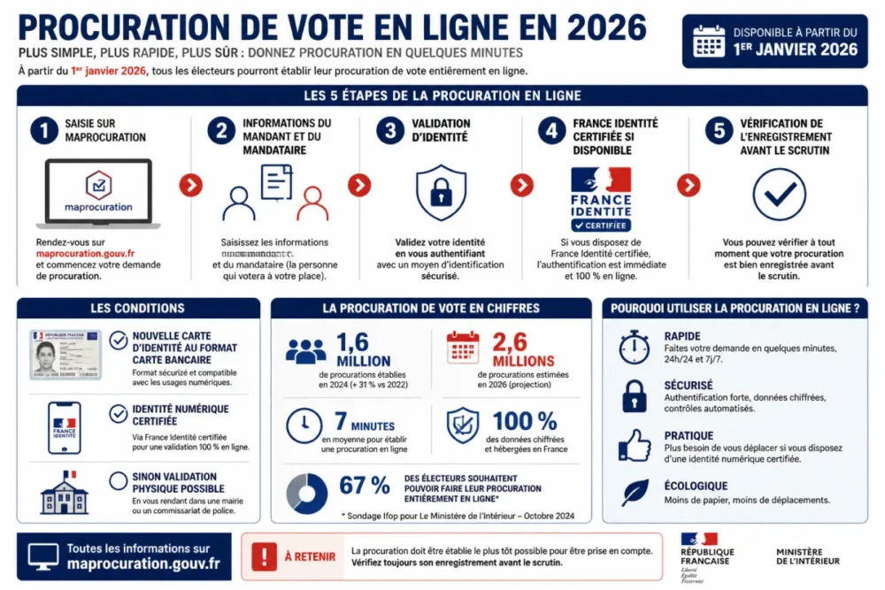Schéma du parcours de procuration de vote en ligne en 2026 avec Maprocuration et France Identité