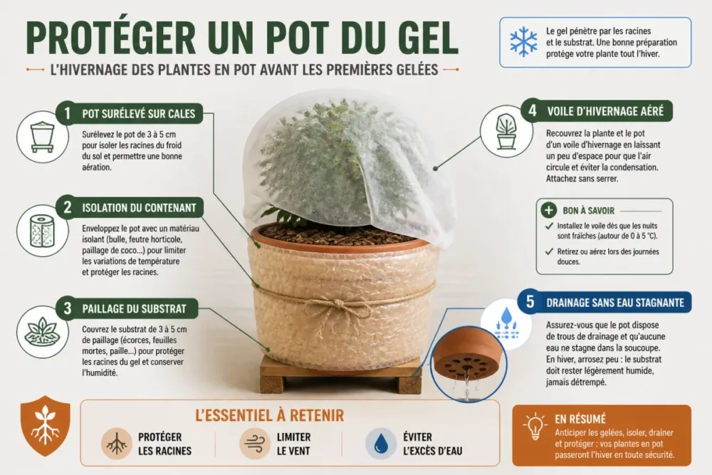 schéma pour protéger les plantes en pot du gel avec isolation, paillage et drainage