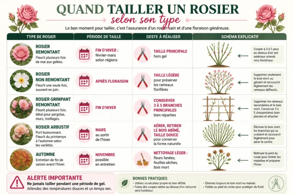 schéma du calendrier de taille des rosiers selon type remontant non remontant grimpant et arbustif