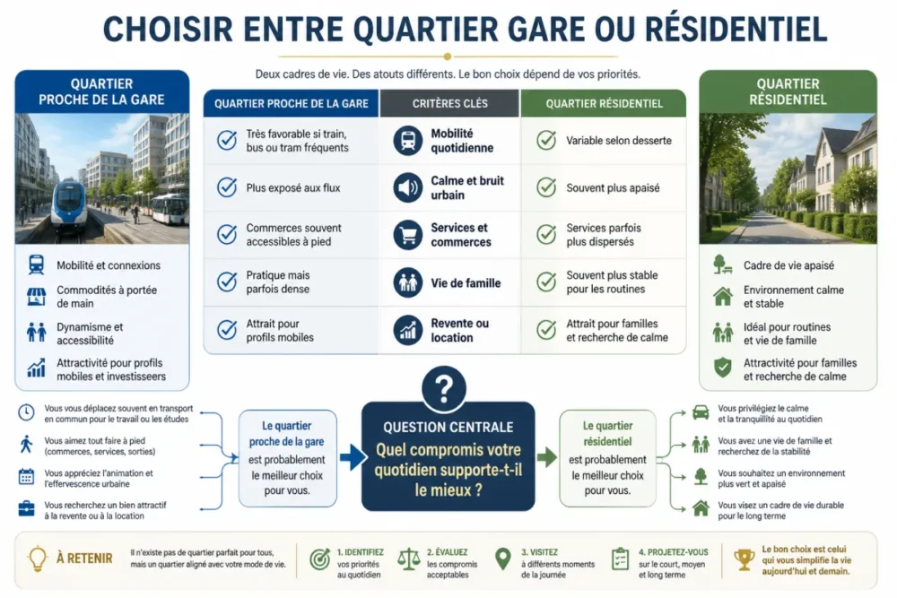 Schéma de décision pour choisir entre quartier gare ou résidentiel selon son mode de vie