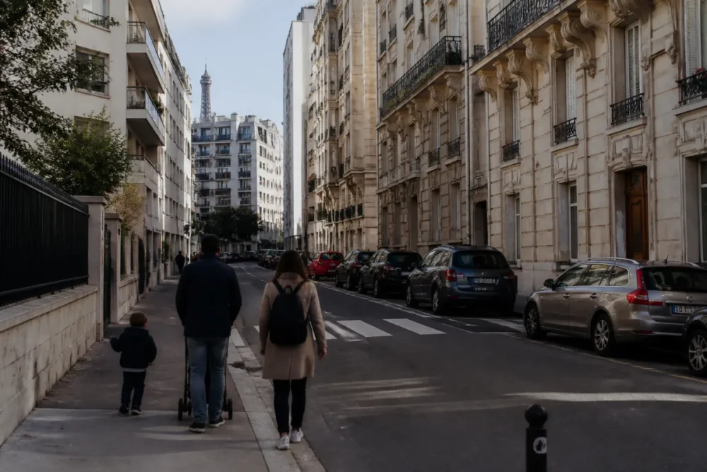 Famille dans une rue résidentielle calme du 15e arrondissement près du Parc André Citroën