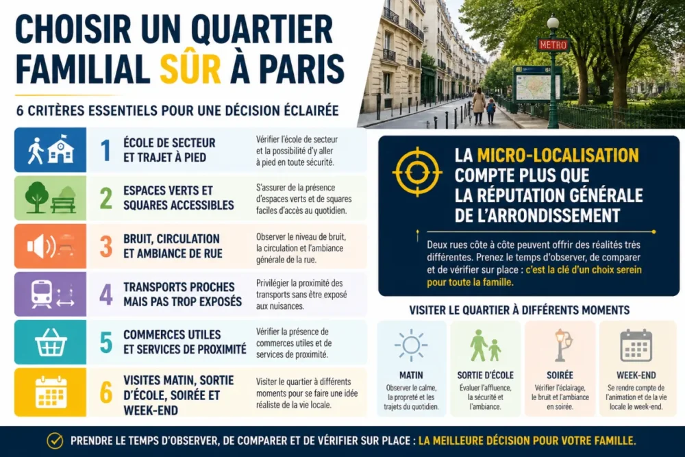 Infographie des critères pour choisir un quartier familial sûr à Paris