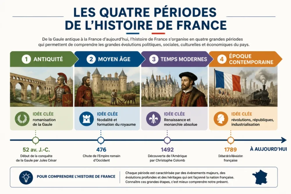 Frise chronologique des quatre périodes de l’histoire de France avec dates repères