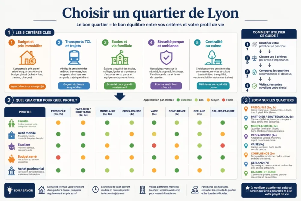 Schéma comparatif des critères pour choisir un quartier de Lyon