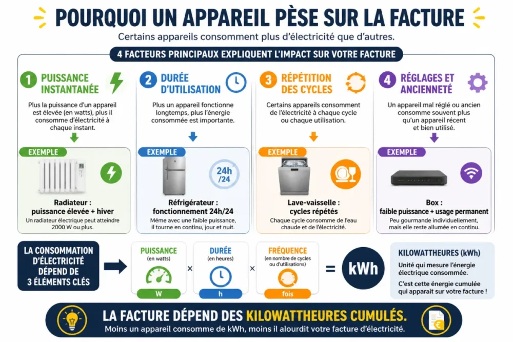 Schéma expliquant pourquoi certains appareils énergivores pèsent plus sur la facture d’électricité