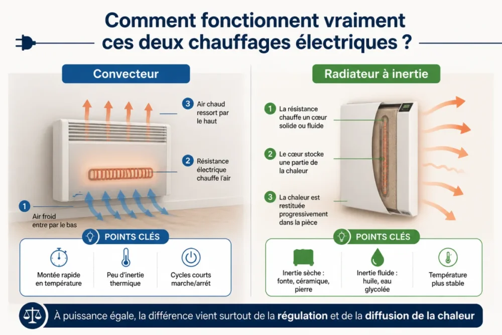 Schéma comparatif du fonctionnement d’un convecteur et d’un radiateur à inertie, avec la circulation de l’air et le stockage de chaleur