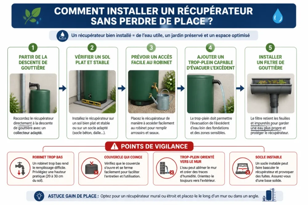 Schéma d’installation d’un récupérateur d’eau de pluie pour petit jardin