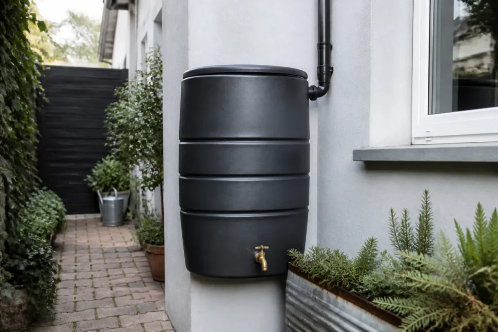 Récupérateur d’eau de pluie compact dans un petit jardin de ville, près d’une terrasse