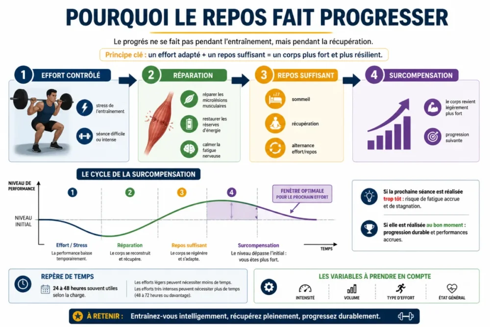 Schéma de récupération sportive montrant la surcompensation entre effort, repos et progression