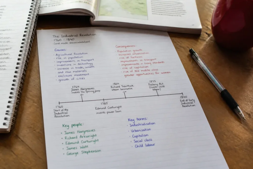 Fiche de révision histoire avec frise chronologique et notes manuscrites