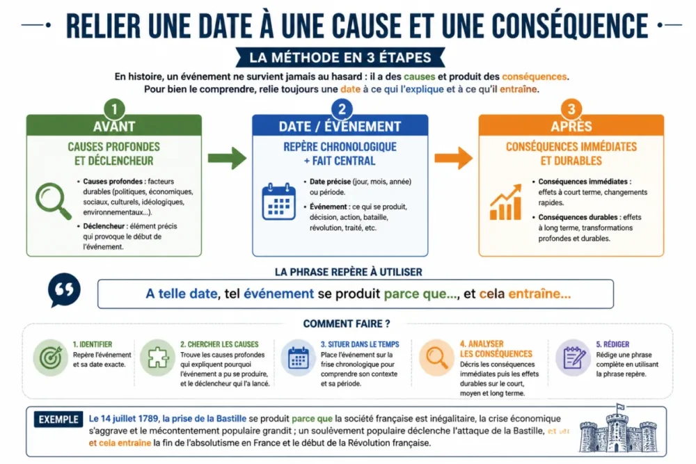 Schéma méthode histoire pour relier dates causes et conséquences