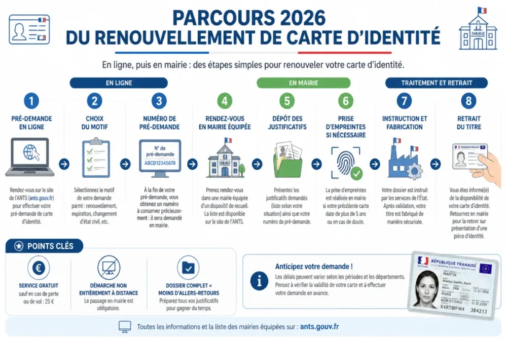 Schéma du parcours de renouvellement de carte d’identité en ligne puis en mairie
