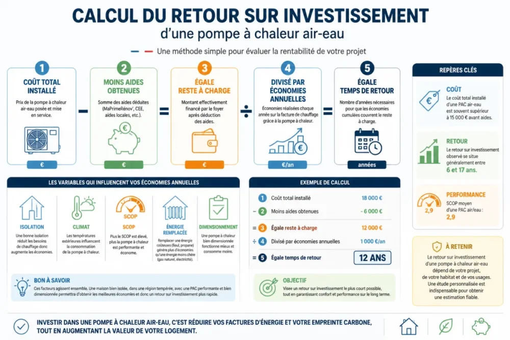 schéma de calcul du retour sur investissement d’une pompe à chaleur air-eau