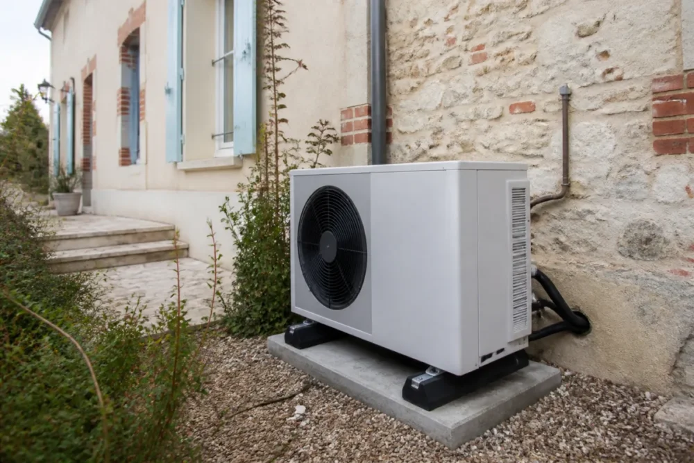 pompe à chaleur air-eau installée devant une maison rénovée