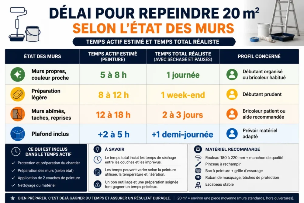 infographie des délais pour repeindre 20 m² selon l’état des murs