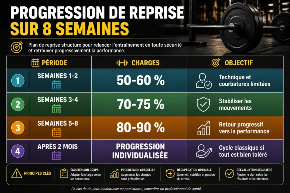 Infographie de progression pour reprendre musculation après pause sur 8 semaines