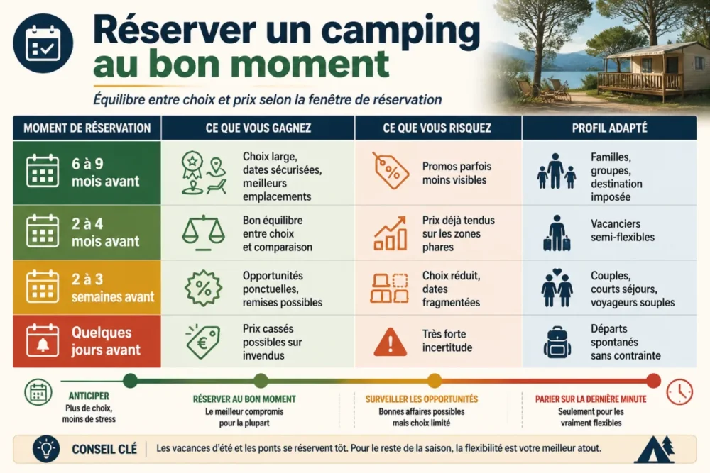 Infographie sur le meilleur moment pour réserver un camping en haute saison selon le niveau de flexibilité