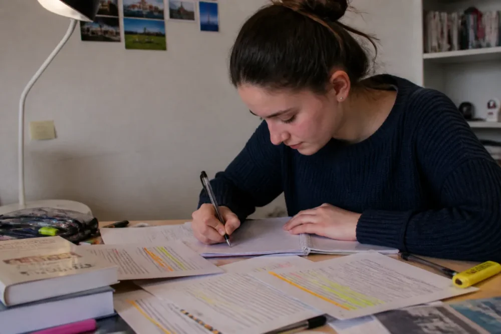 Élève préparant ses textes pour réussir l’oral de français au bac