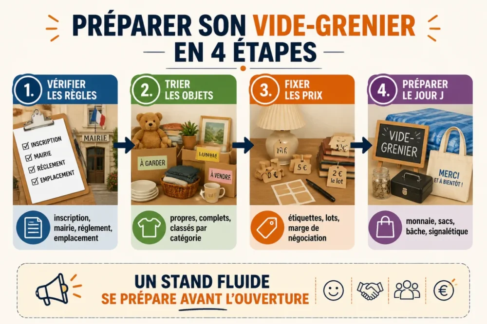 Schéma de préparation pour réussir son vide-grenier étape par étape