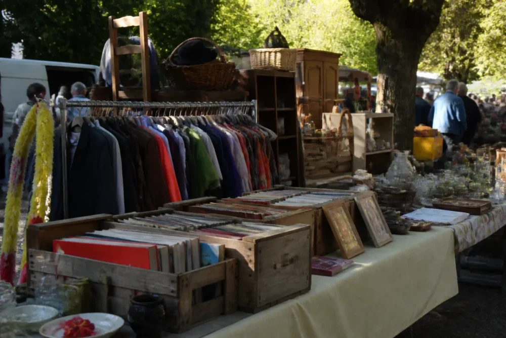 Stand organisé avec vêtements sur portant et objets d’occasion bien visibles