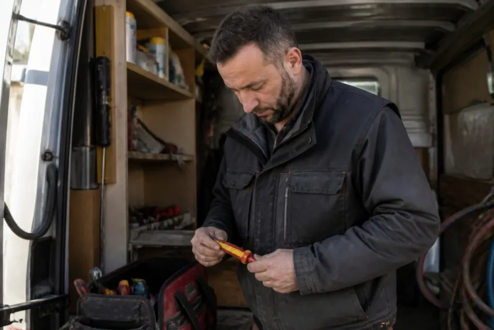 bricoleur salarié préparant du matériel pour une intervention de petit bricolage à domicile