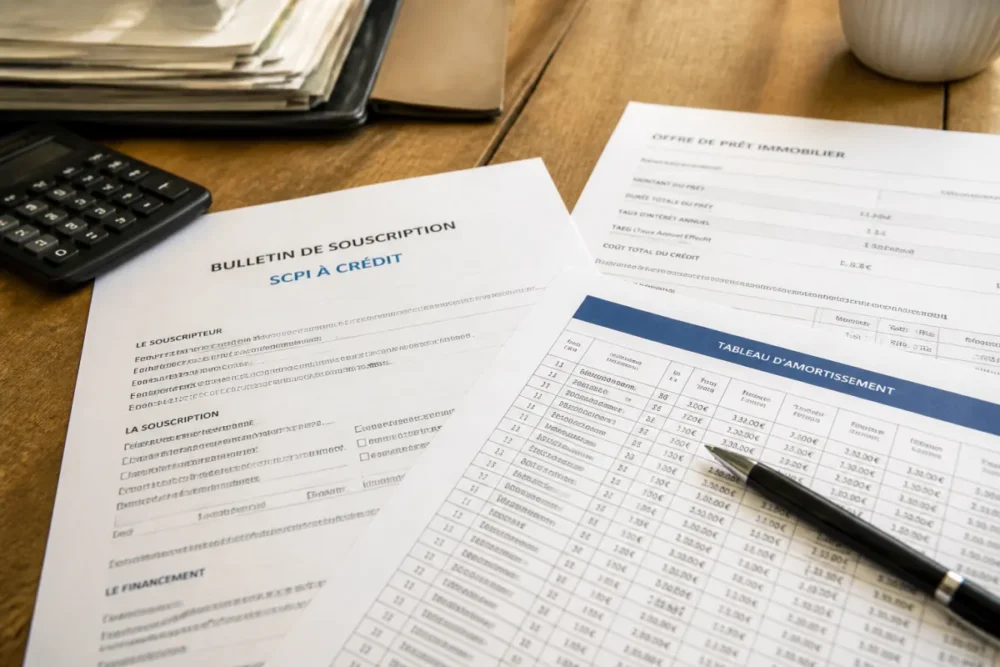Photo réaliste de documents de souscription SCPI à crédit, offre de prêt et calculatrice sur un bureau