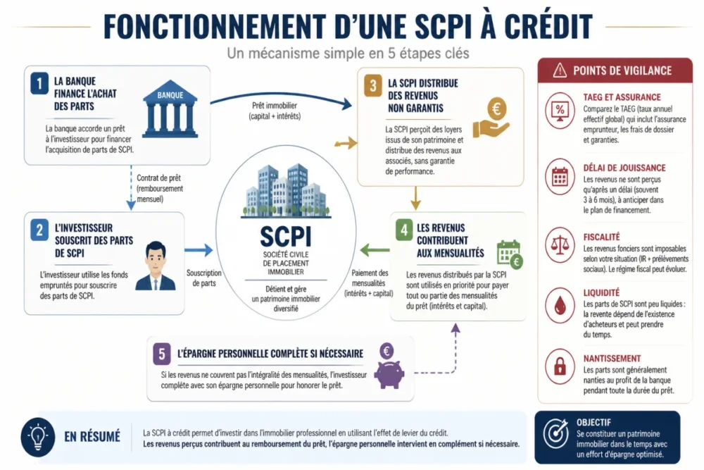 Schéma du fonctionnement d’une SCPI à crédit avec prêt, revenus distribués et effort d’épargne
