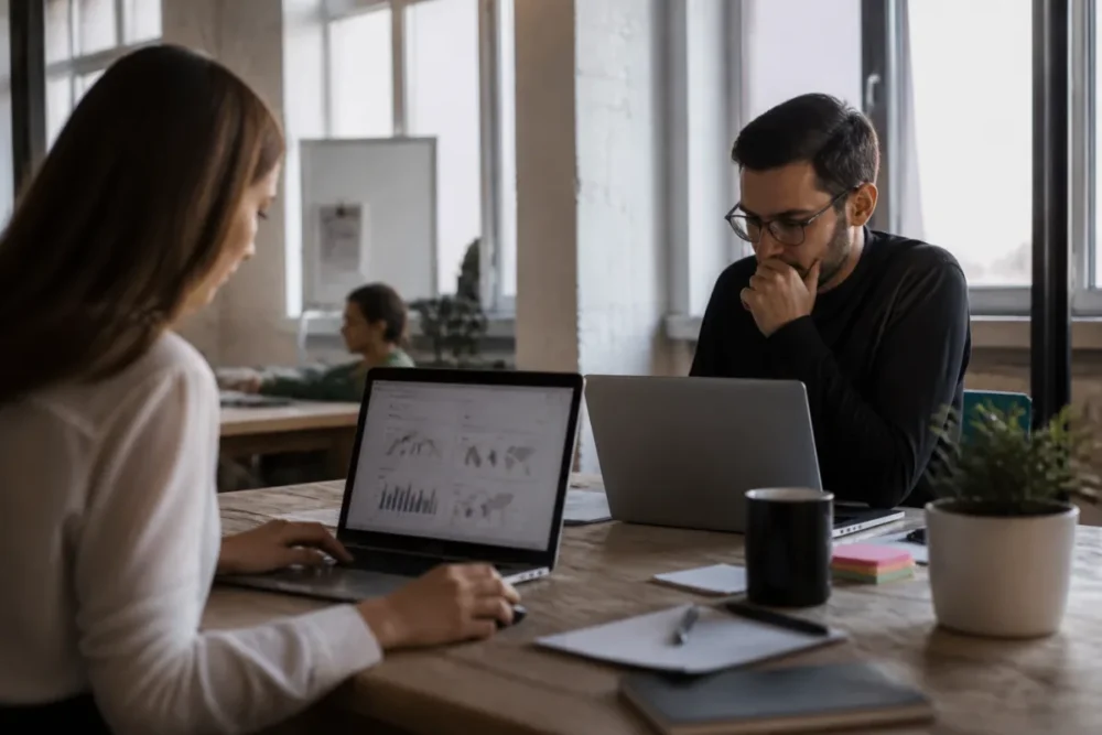 Professionnels travaillant sur des services numériques rentables dans un espace de coworking