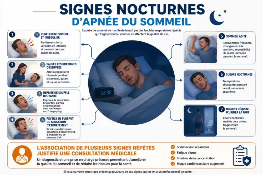 Schéma des signes nocturnes d'apnée du sommeil avec ronflement et pauses respiratoires