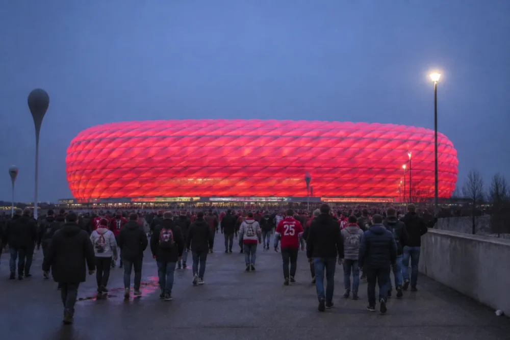 Allianz Arena de Munich illuminée, stade européen moderne à visiter