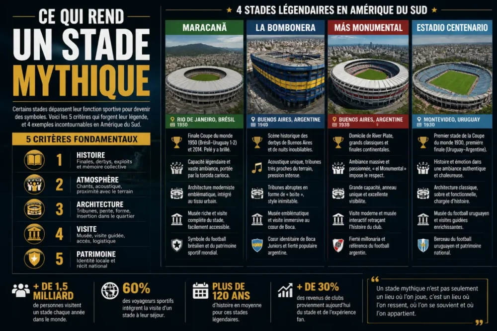 Infographie en français sur les critères qui rendent les stades emblématiques d’Amérique du Sud incontournables