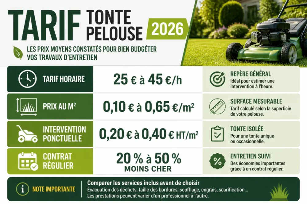 Infographie des tarifs de tonte de pelouse en 2026 selon l'heure, le mètre carré et la fréquence
