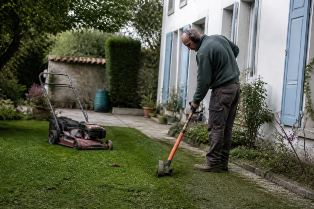 Jardinier professionnel réalisant les bordures après une tonte de pelouse
