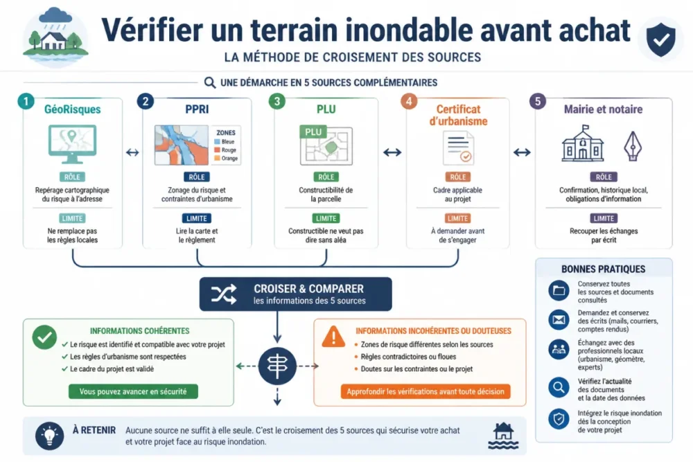 Schéma des sources à croiser pour vérifier un risque inondation terrain avant achat