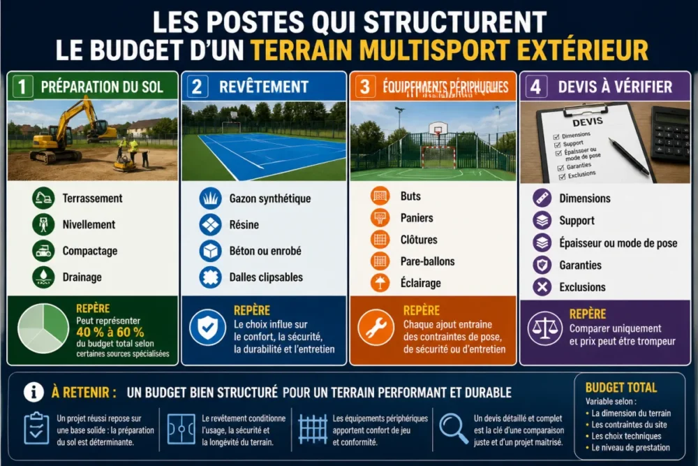 Infographie sur les postes qui structurent le budget d’un terrain multisport extérieur