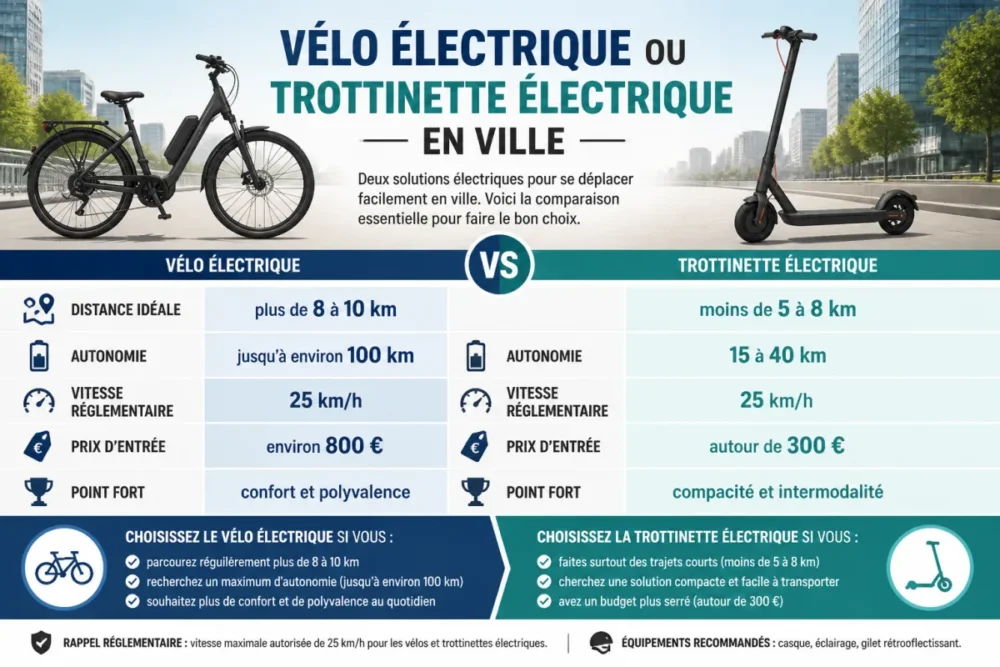 Infographie comparant autonomie réelle, coût d’usage et distance idéale entre vélo électrique et trottinette électrique