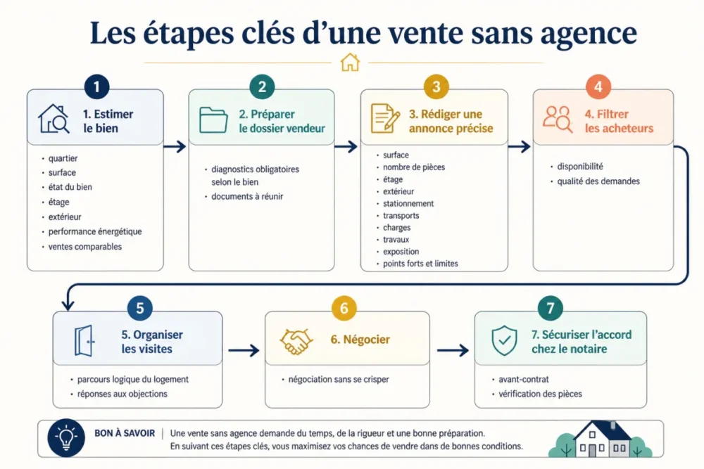 Infographie des étapes pour vendre un bien immobilier sans agence