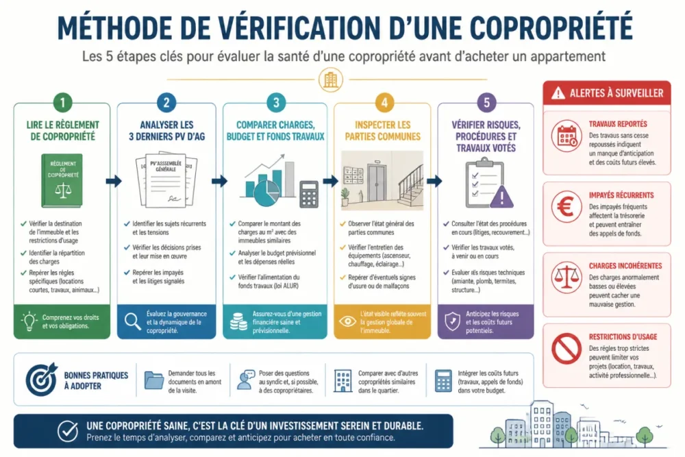 Schéma des étapes pour vérifier la santé financière et juridique d’une copropriété