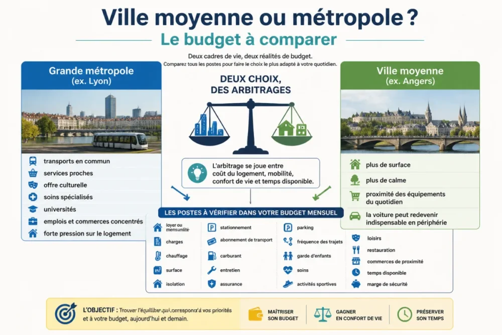 Schéma comparatif du budget entre ville moyenne et métropole, avec les postes de dépenses à vérifier