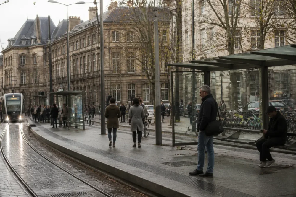 Trajet domicile-travail en ville moyenne ou métropole avec tramway, piétons et vélos
