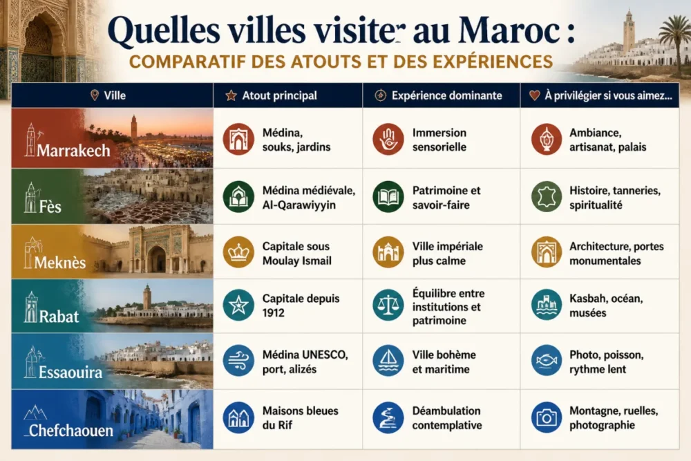 Infographie comparative des villes du Maroc à visiter selon l’atout principal et l’expérience dominante