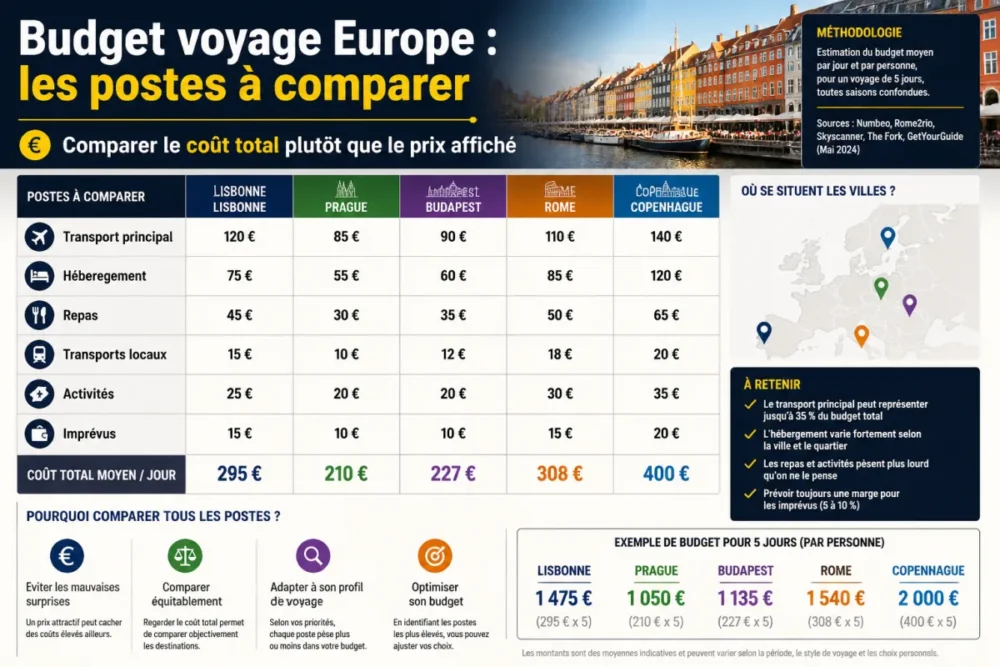 Infographie des postes de dépense pour voyager en Europe pas cher