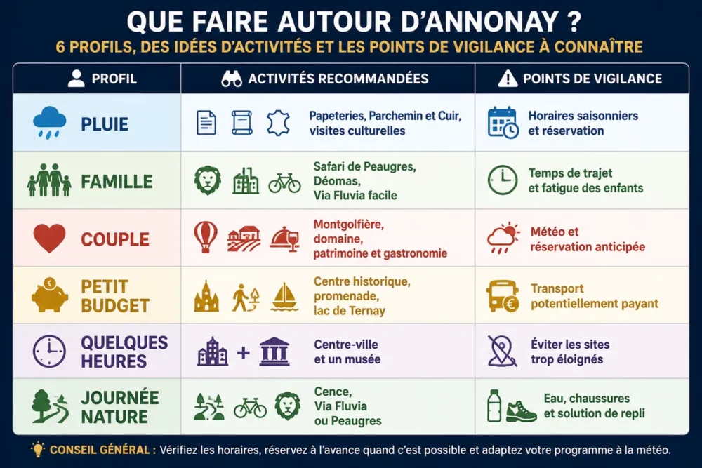 Infographie des activités à Annonay selon la météo, le profil et le temps disponible
