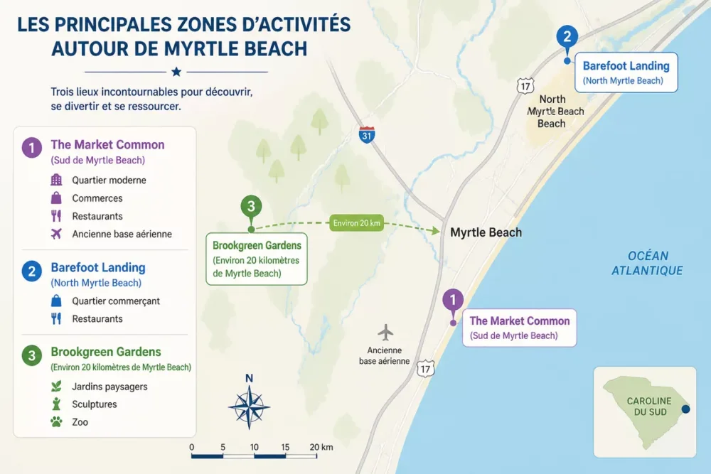 Carte des zones d’activités autour de Myrtle Beach