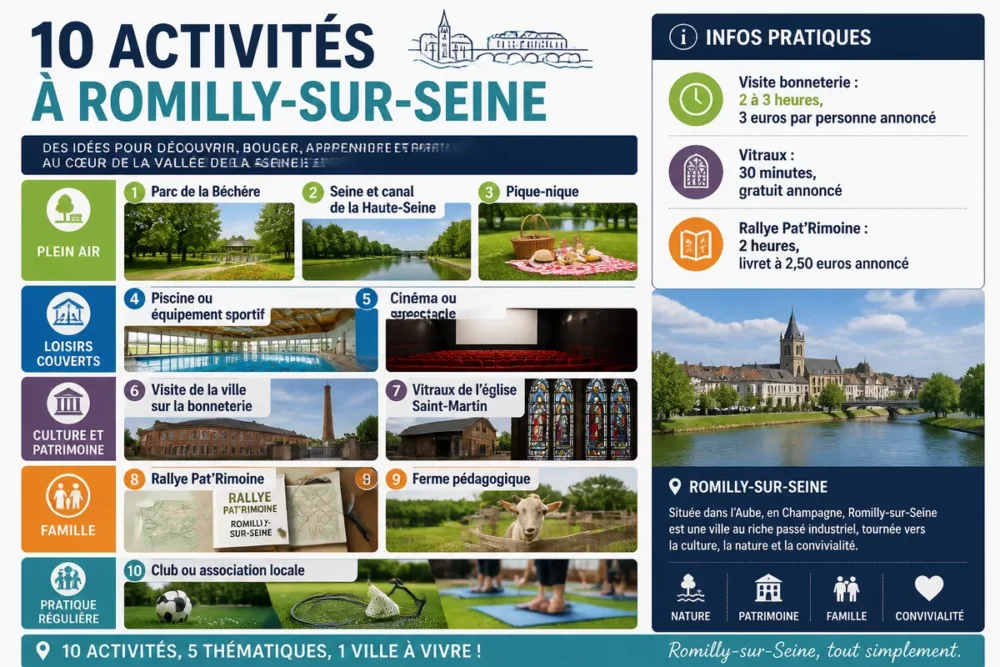 Infographie en français des activités à Romilly-sur-Seine classées par type de sortie