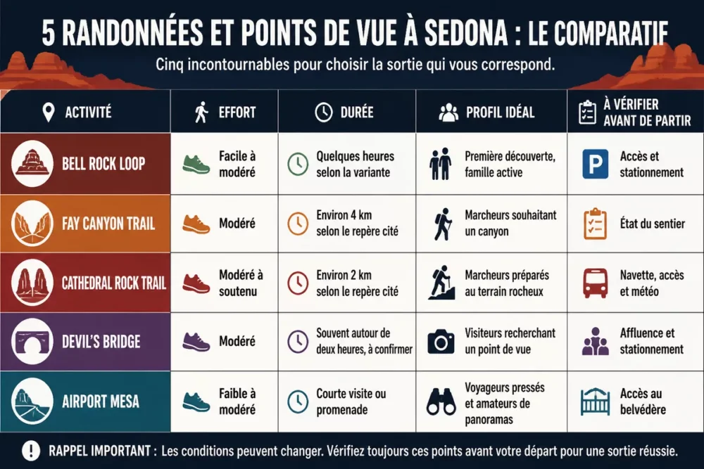 Tableau comparatif des randonnées à Sedona selon l’effort et la durée