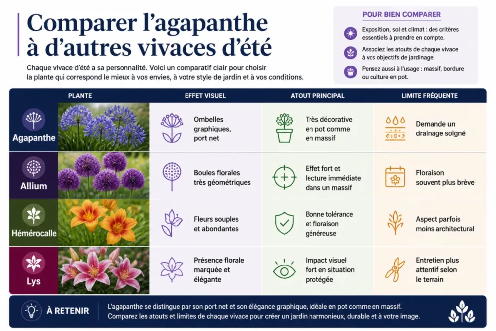 Infographie comparant l'agapanthe à d'autres vivaces d'été comme l'allium, l'hémérocalle et le lys