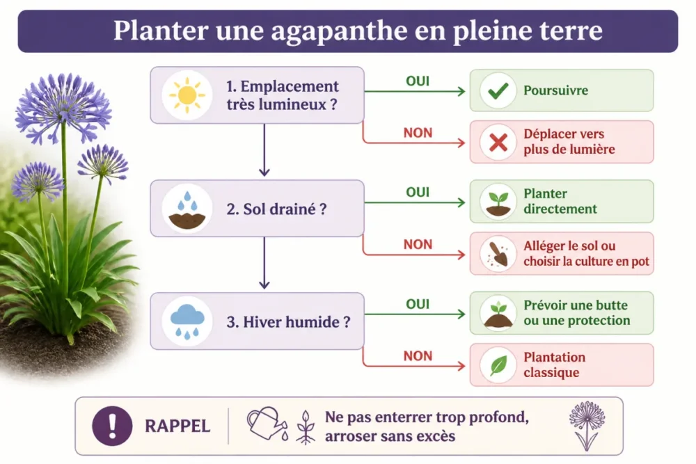Schéma de plantation d'une agapanthe avec choix de l'emplacement et du drainage