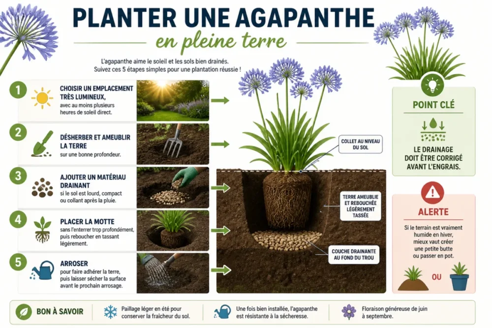 Schéma de plantation d’une agapanthe en pleine terre avec drainage