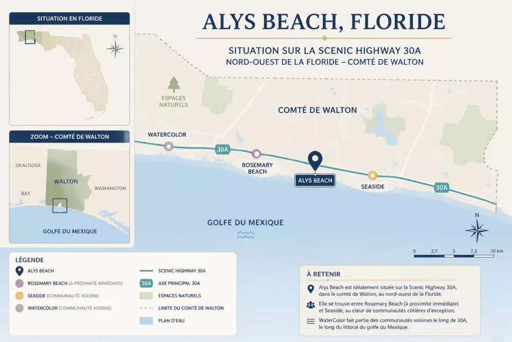 Carte d’Alys Beach en Floride sur la Scenic Highway 30A près de Rosemary Beach et Seaside
